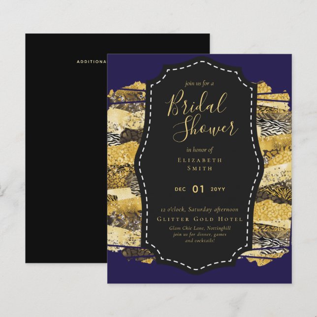 Budget Glam Gold Blue Fête des mariées Invitation  (Devant / Derrière)
