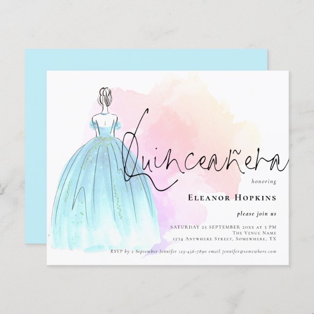 Budget Glam Robe bleu Quinceanera Invitation (Devant / Derrière)