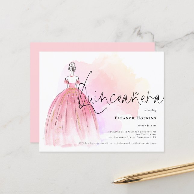 Budget Glam Robe rose Quinceanera Invitation (Devant/Arrière en situation)