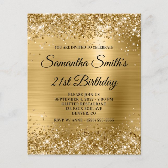 Budget Glittery Gold Glam 21e anniversaire Invitat (Devant)