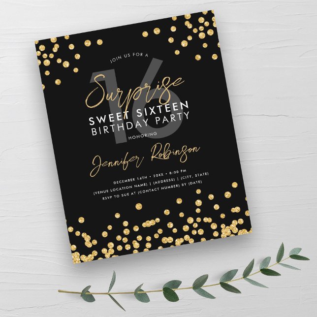 Budget Gold Black Confetti Surprise Sweet 16 (Budget Gold Black Confetti Surprise Sweet 16 )