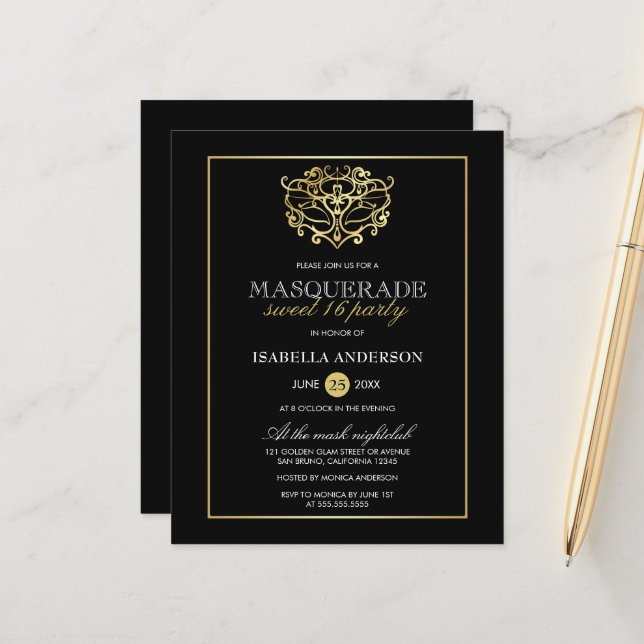 Budget Gold & Black Masquerade Sweet 16 Party (Devant/Arrière en situation)