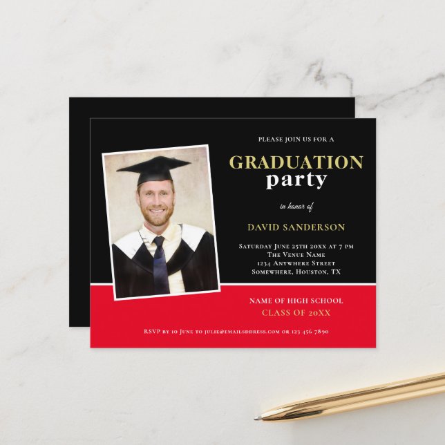 Budget Gold Black Red Photo Grad Party Invitation (Devant/Arrière en situation)