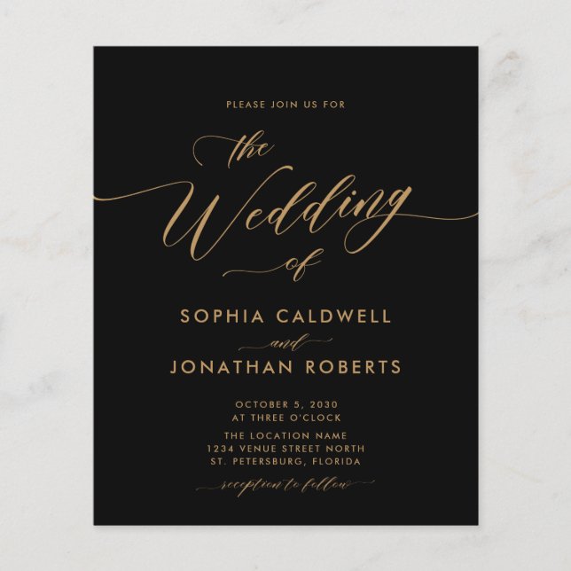 Budget Gold Calligraphy Black Wedding Invitation (Devant)