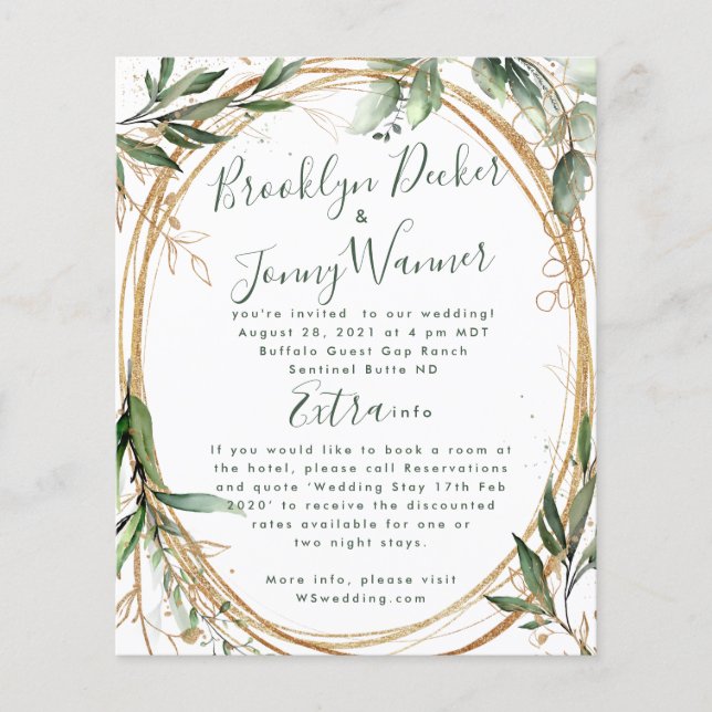 Budget Gold Eucalyptus Élégant Mariage Invitation (Devant)