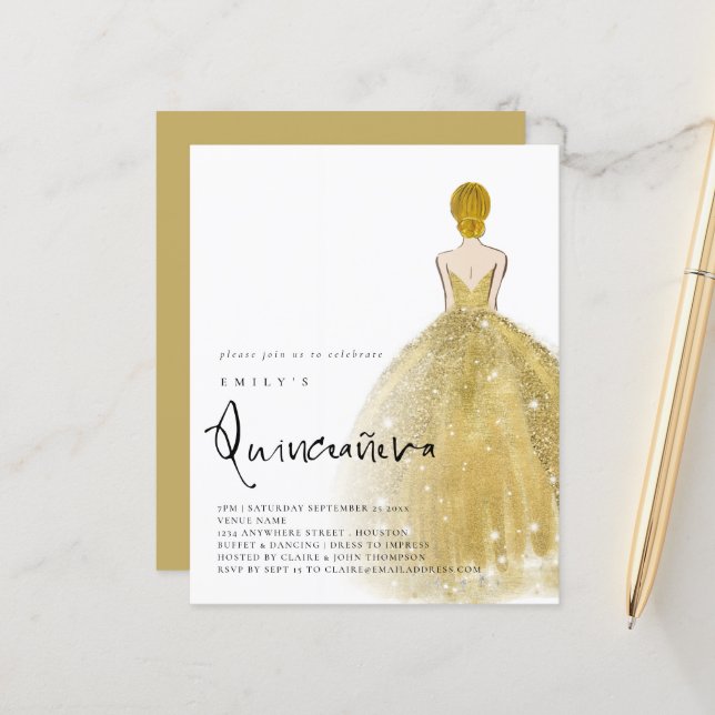 Budget Gold Gown fille Blonde cheveux QR Quinceañe (Devant/Arrière en situation)