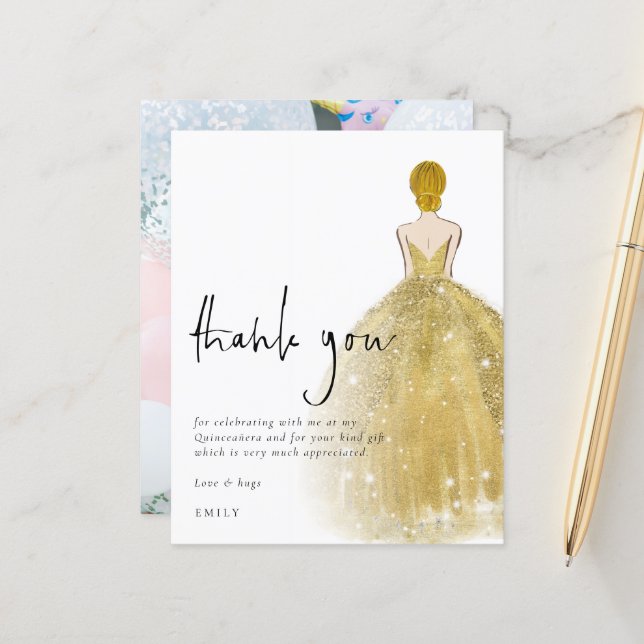 Budget Gold Gown Photo Blonde Quinceañera Merci (Devant/Arrière en situation)