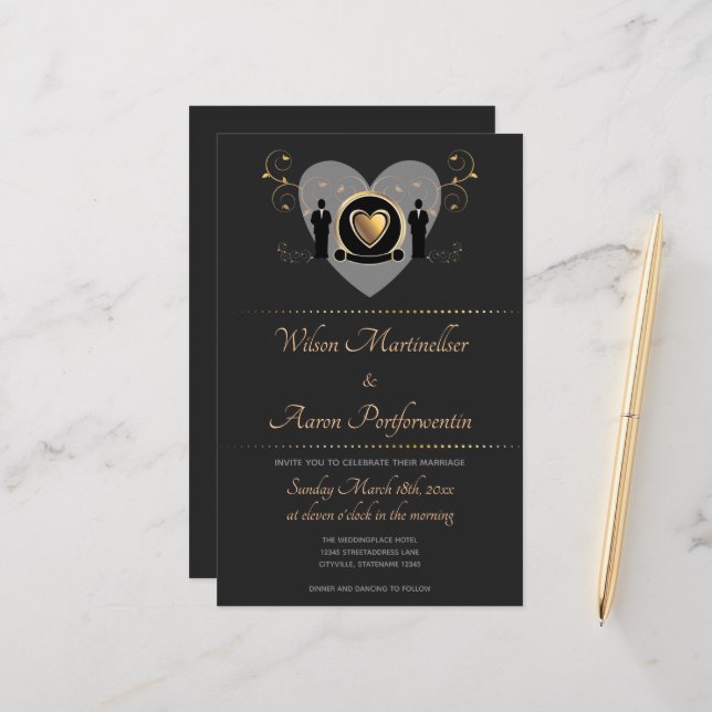 Budget Gold Heart Mariage LGBTQ Faire-part de mari (Devant/Arrière en situation)