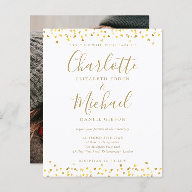 Budget Gold Hearts Confetti Photo Wedding Invitati (Devant / Derrière)