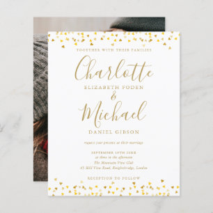 Budget Gold Hearts Confetti Photo Wedding Invitati