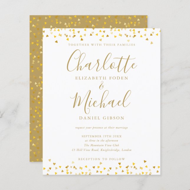 Budget Gold Hearts Confetti Script Wedding Invitat (Devant / Derrière)