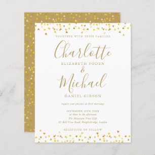 Budget Gold Hearts Confetti Script Wedding Invitat