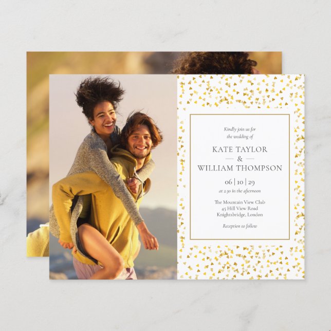 Budget Gold Hearts Photos Faire-part de mariage (Devant / Derrière)