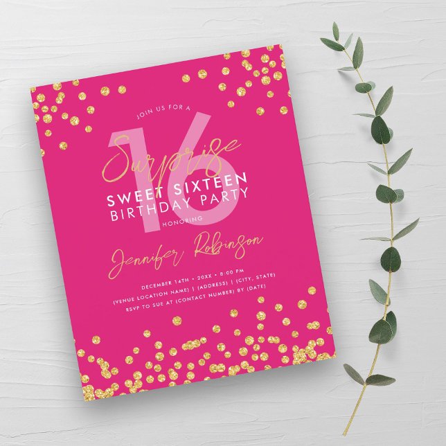 Budget Gold Hot Pink Confetti Surprise Sweet 16 (Budget Gold Hot Pink Confetti Surprise Sweet 16 )