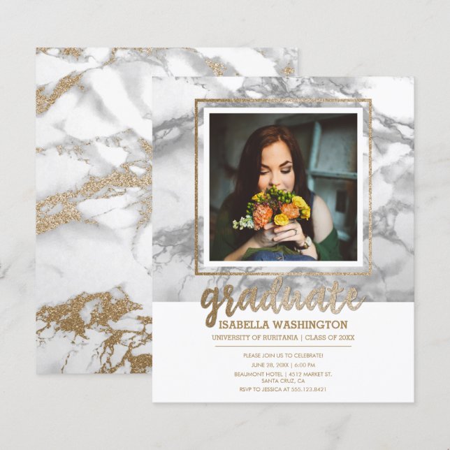 Budget Gold Marble Script Photo Graduation Party (Devant / Derrière)