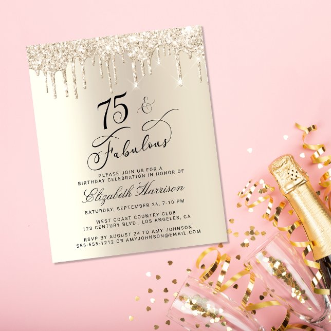 Budget Gold Parties scintillant 75e anniversaire I (Celebrate her 75 years of sparkle with an elegant gold glitter birthday party invitation  🎉 🎂 🥂)