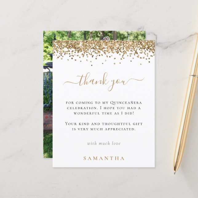 Budget Gold Parties scintillant Photo Quinceanera  (Devant/Arrière en situation)