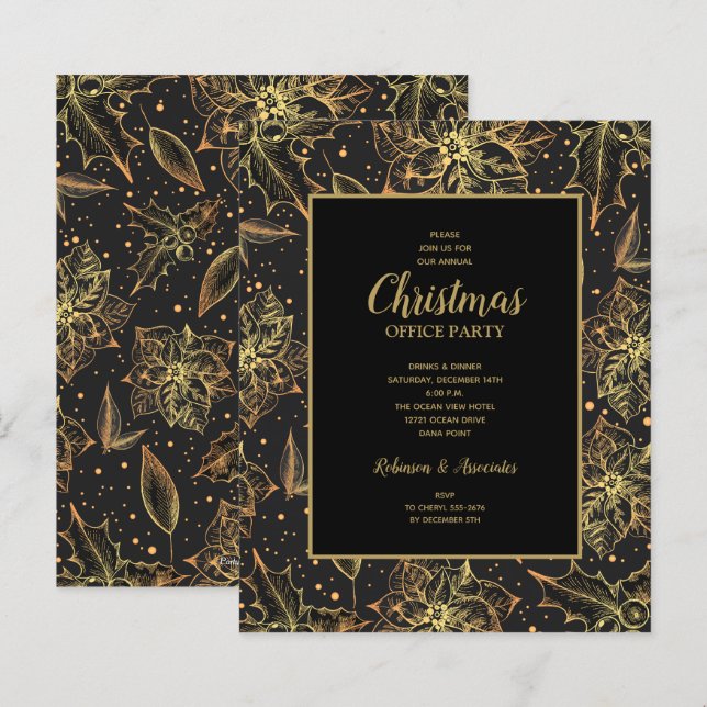 Budget Gold Poinsettias Noël Invitations (Devant / Derrière)