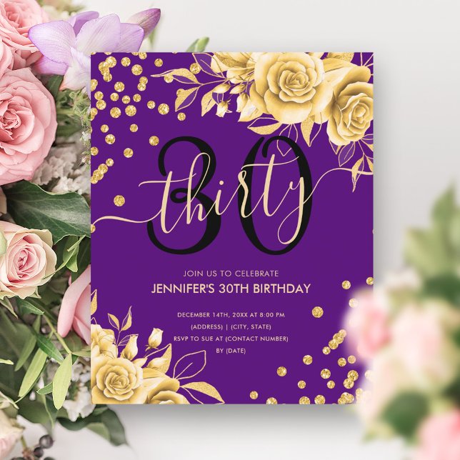 BUDGET Gold Purple Floral Parties scintillant 30e  (BUDGET Gold Purple Floral Glitter 30th Birthday)