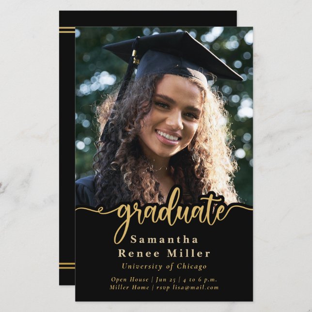 Budget Gold Script Photo Graduation Invitation (Devant / Derrière)