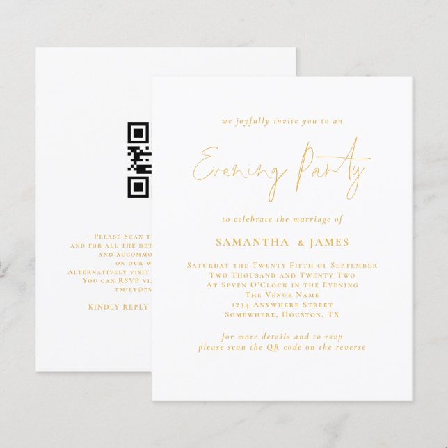 Budget Gold Script QR Soirée de mariage Invitation (Devant / Derrière)