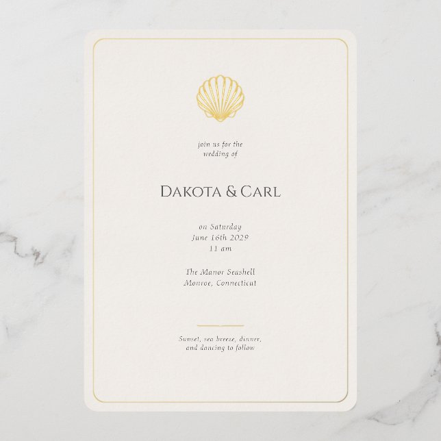 Budget Gold Seashell All-in-One Wedding invitation (Recto)