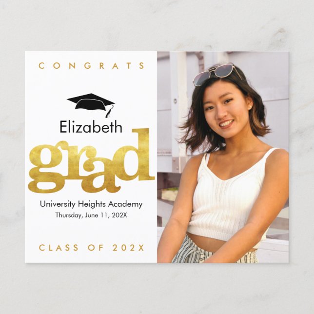 Budget Gold White Photo Casquette Graduation Invit (Devant)