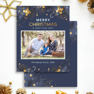 Budget Golden Blue Joyeux Carte photo de Noël