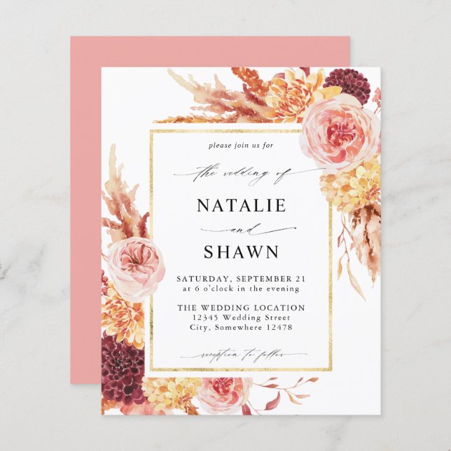 Budget Golden Burgundy Blush rose Mariage Floral P (Devant / Derrière)