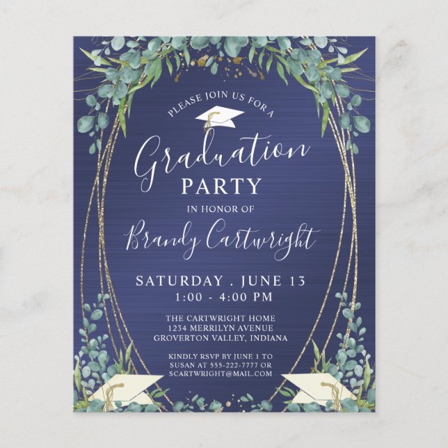 Budget Graduation Marine Bleu Botanique Invitation (Devant)