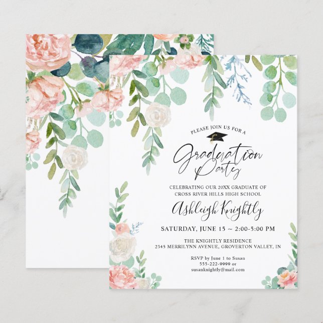 Budget Graduation Party Floral Script Invitation (Devant / Derrière)