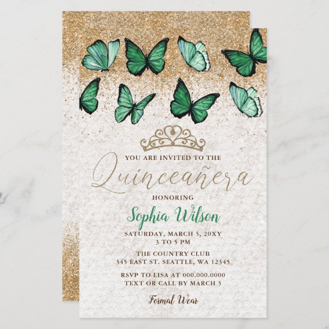 Budget Green Butterfly Quinceañera Invitation (Devant / Derrière)