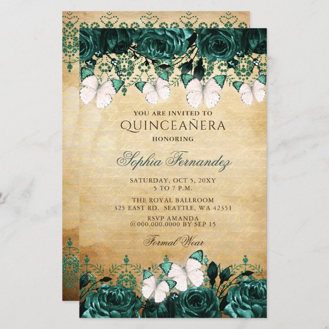 Budget Green Butterfly Quinceañera Invitation (Devant / Derrière)