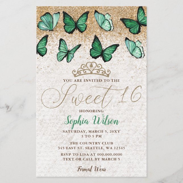 Budget Green Butterfly Sweet 16 Invitation (Devant)