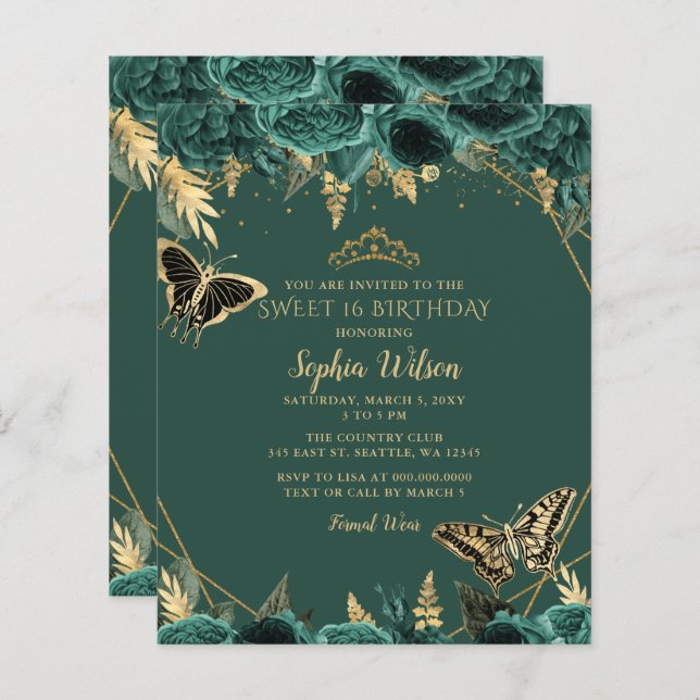 Budget Green Butterfly Sweet 16 Invitation (Devant / Derrière)