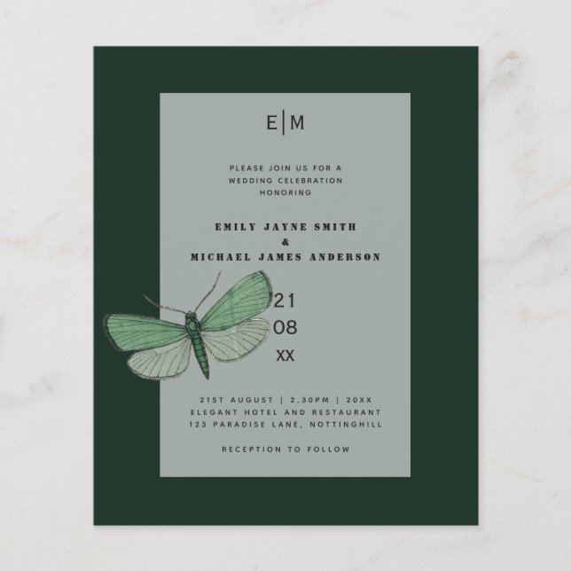 Budget Green Emerald Moth Mariage Invite (Devant)