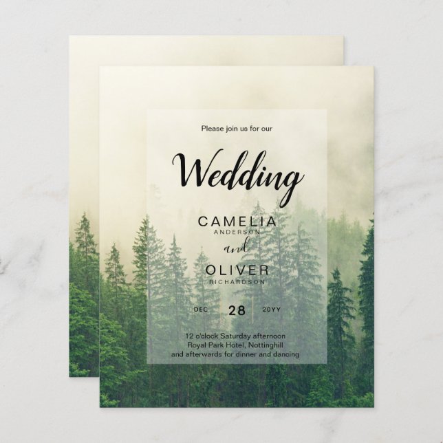 BUDGET Green Forest Pine Trees Mariage INVITER (Devant / Derrière)