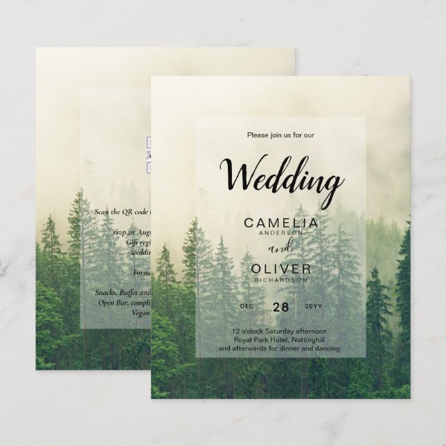 BUDGET Green Forest Pine Trees Mariage INVITER (Devant / Derrière)