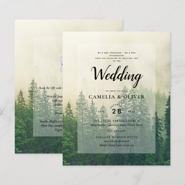 BUDGET Green Forest Pine Trees Mariage INVITER (Devant / Derrière)