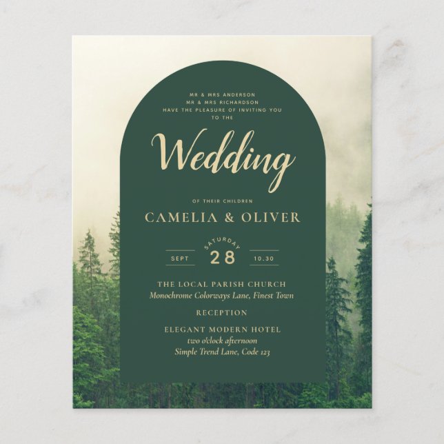 BUDGET Green Forest Pine Trees Mariage INVITER (Devant)