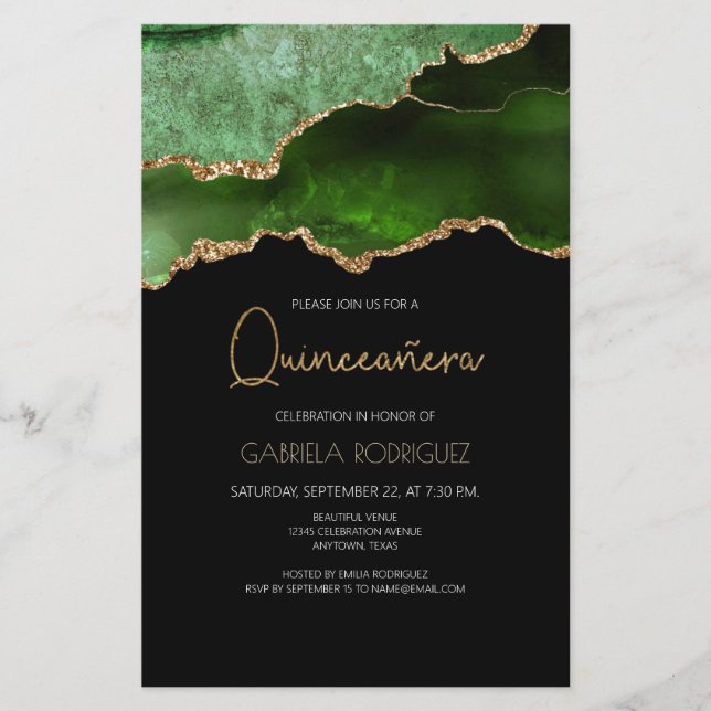 Budget Green Gold Agate Quinceañera Invitation (Devant)