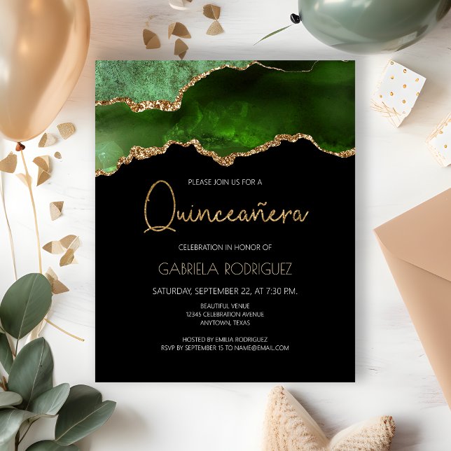 Budget Green Gold Agate Quinceañera Invitation (Créateur téléchargé)