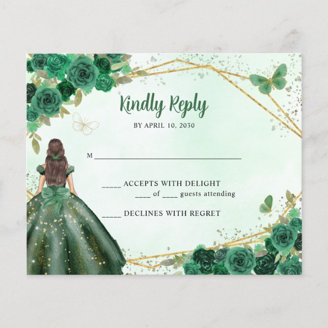 Budget Green Gold Floral Princesse QR Code RSVP (Devant)