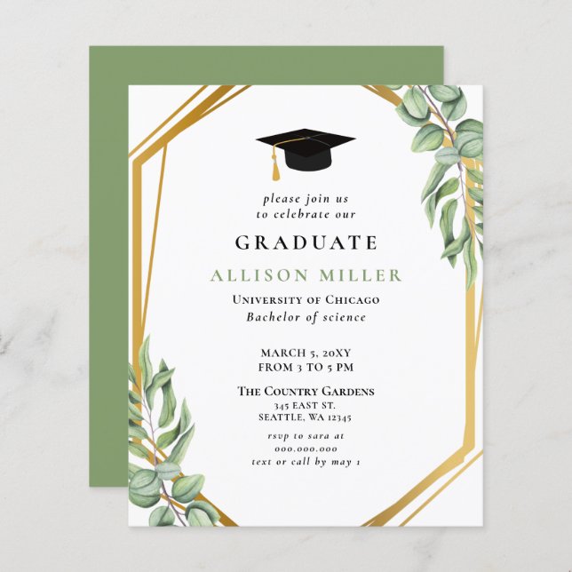 Budget Green Gold Graduation Invitation (Devant / Derrière)