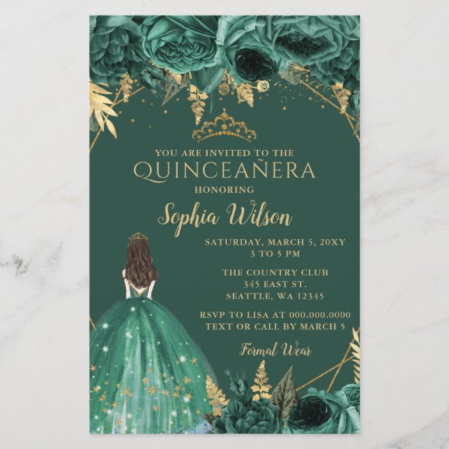 Budget Green Gold Princesse Quinceañera Invitation (Devant)