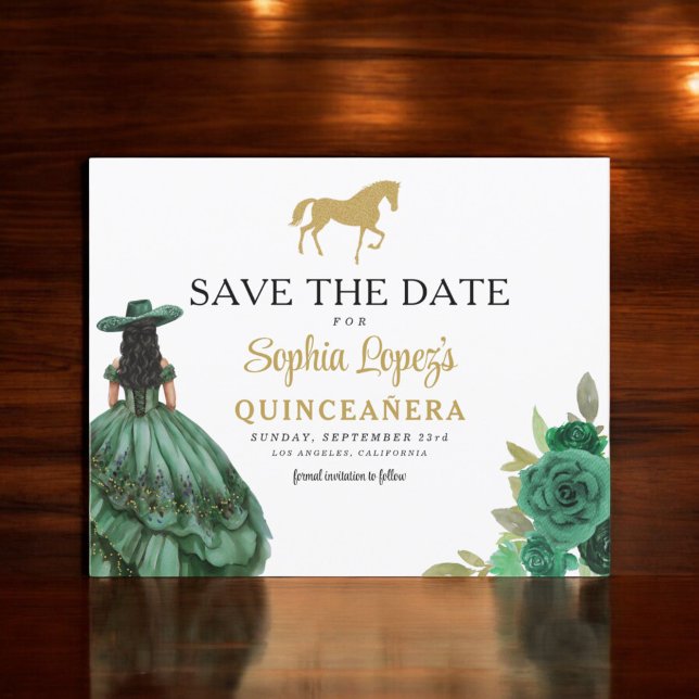 Budget Green Gold Quinceanera Enregistrer la date (Créateur téléchargé)