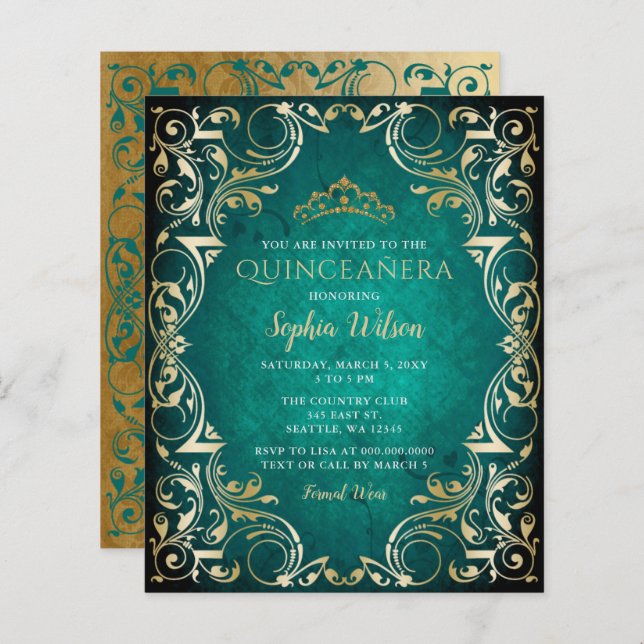 Budget Green Gold Tiara Quinceañera Invitation (Devant / Derrière)