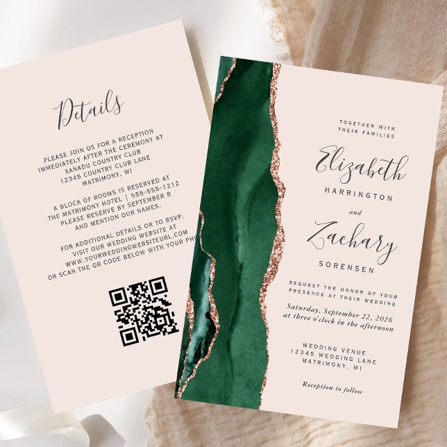 Budget Green Rose Gold Agate Blush QR Code Wedding (Créateur téléchargé)