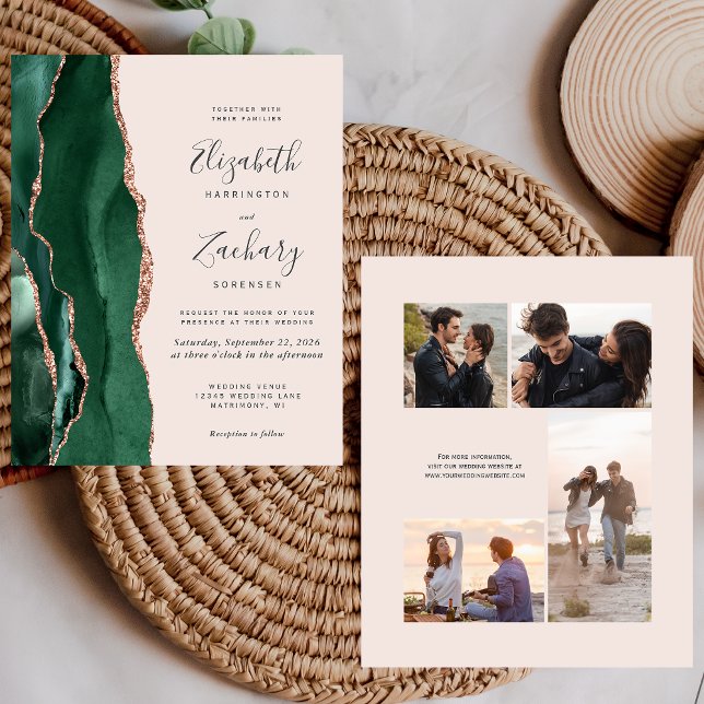 Budget Green Rose Gold Blush Photo Wedding Invite (Créateur téléchargé)