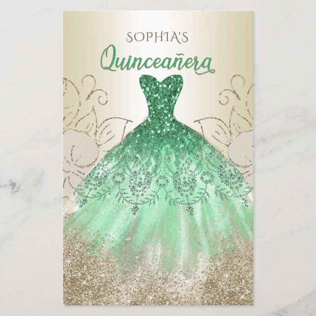 Budget Green Sparkle Robe Quinceañera Invitation (Devant)